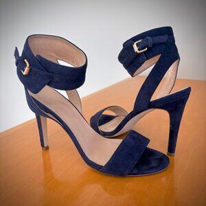 J. Crew Blue Suede Ankle-Cuff Heeled Sandasls, 6.5M